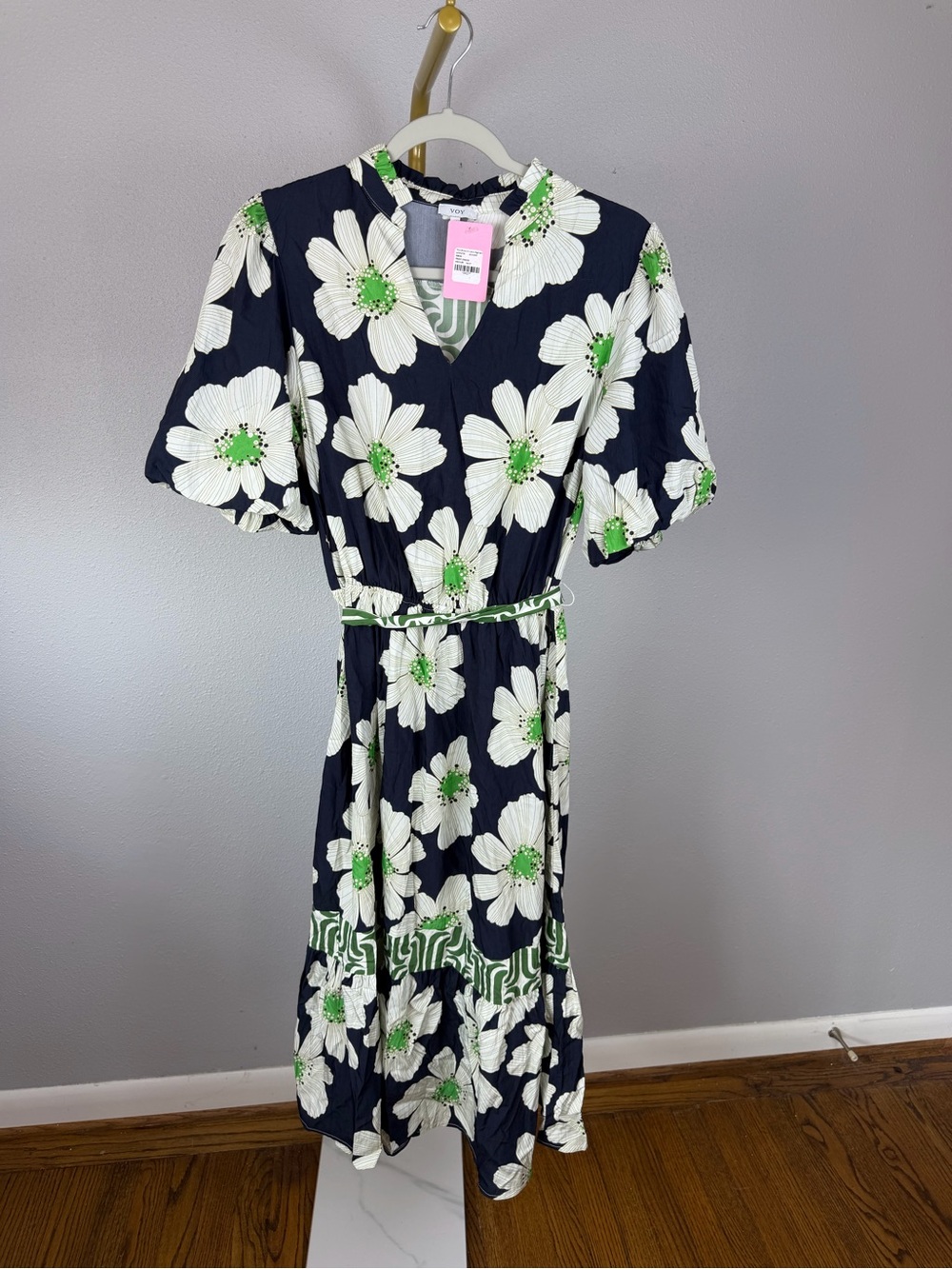 NWT VOY Floral Print Midi Dress Contrast Stripe Navy Green Size M